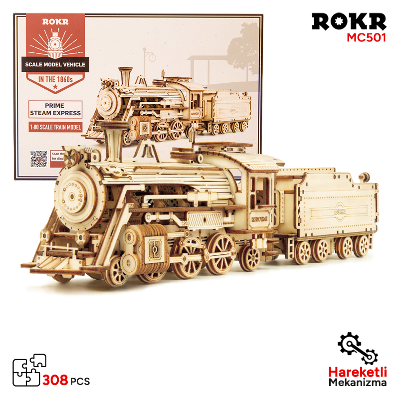 Ahşap buharlı lokomotif modeli, tenderli, 308 parça.