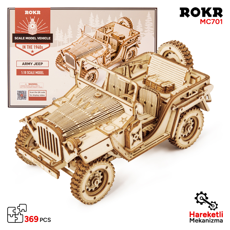 Ahşap 1:18 ölçekli askeri ci̇p modeli, 369 parça, ROKR MC701.
