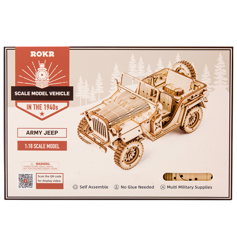 Ahşap 1:18 ölçekli askeri ci̇p modeli paketi üzerinde uyarılar.
