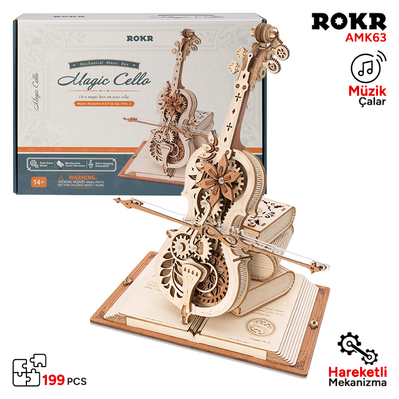 ROKR ahşap mekanik çello müzik kutusu modeli kitaplar üzerinde.