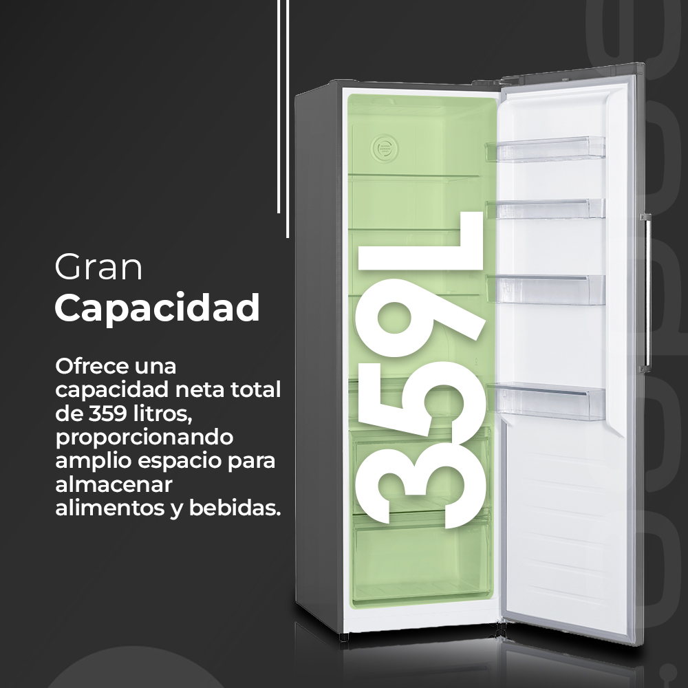 Refrigerador abierto de 359L. El texto resalta la gran capacidad para alimentos y bebidas.