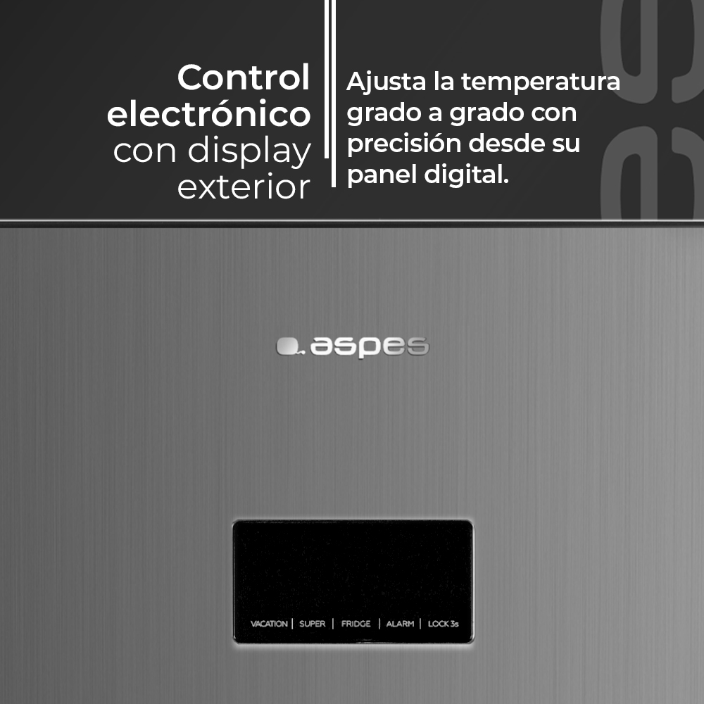 Refrigerador gris con pantalla digital para control de temperatura.