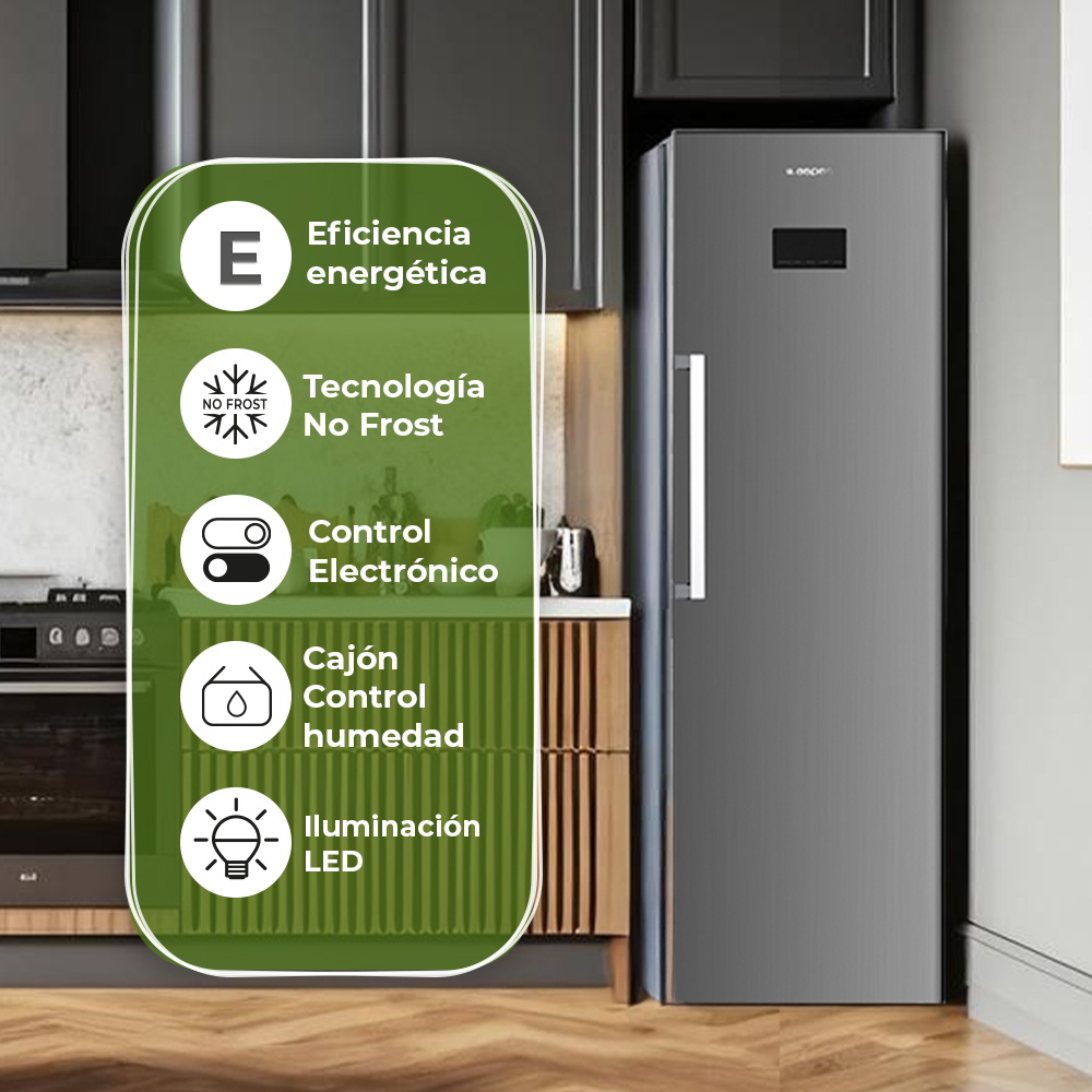 Un refrigerador con eficiencia energética, No Frost, control electrónico y luz LED.