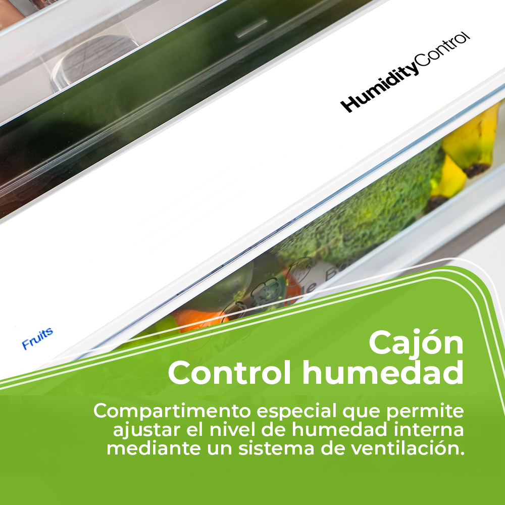 Primer plano del cajón Humidity Control de un refrigerador con frutas y verduras.