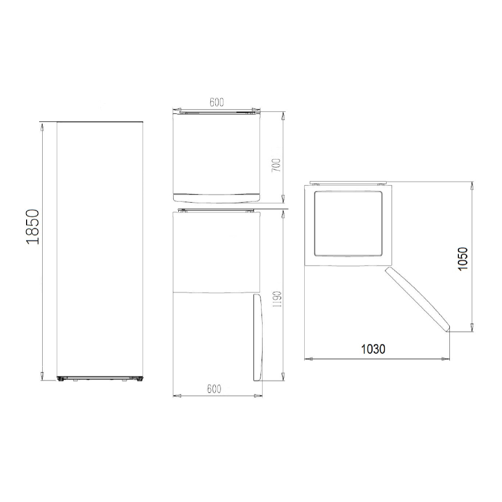 Dibujo técnico de un refrigerador con dimensiones.