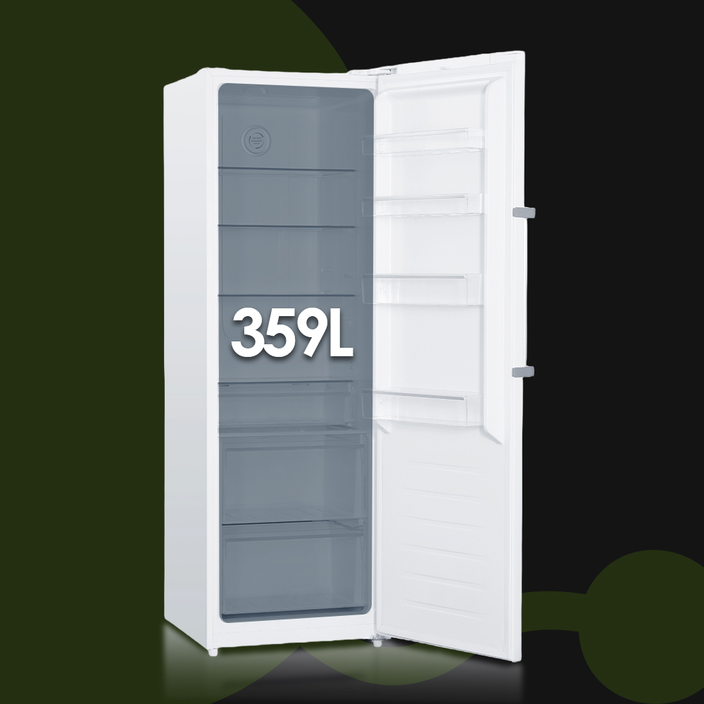 Un refrigerador blanco con la puerta abierta, capacidad de 359L.