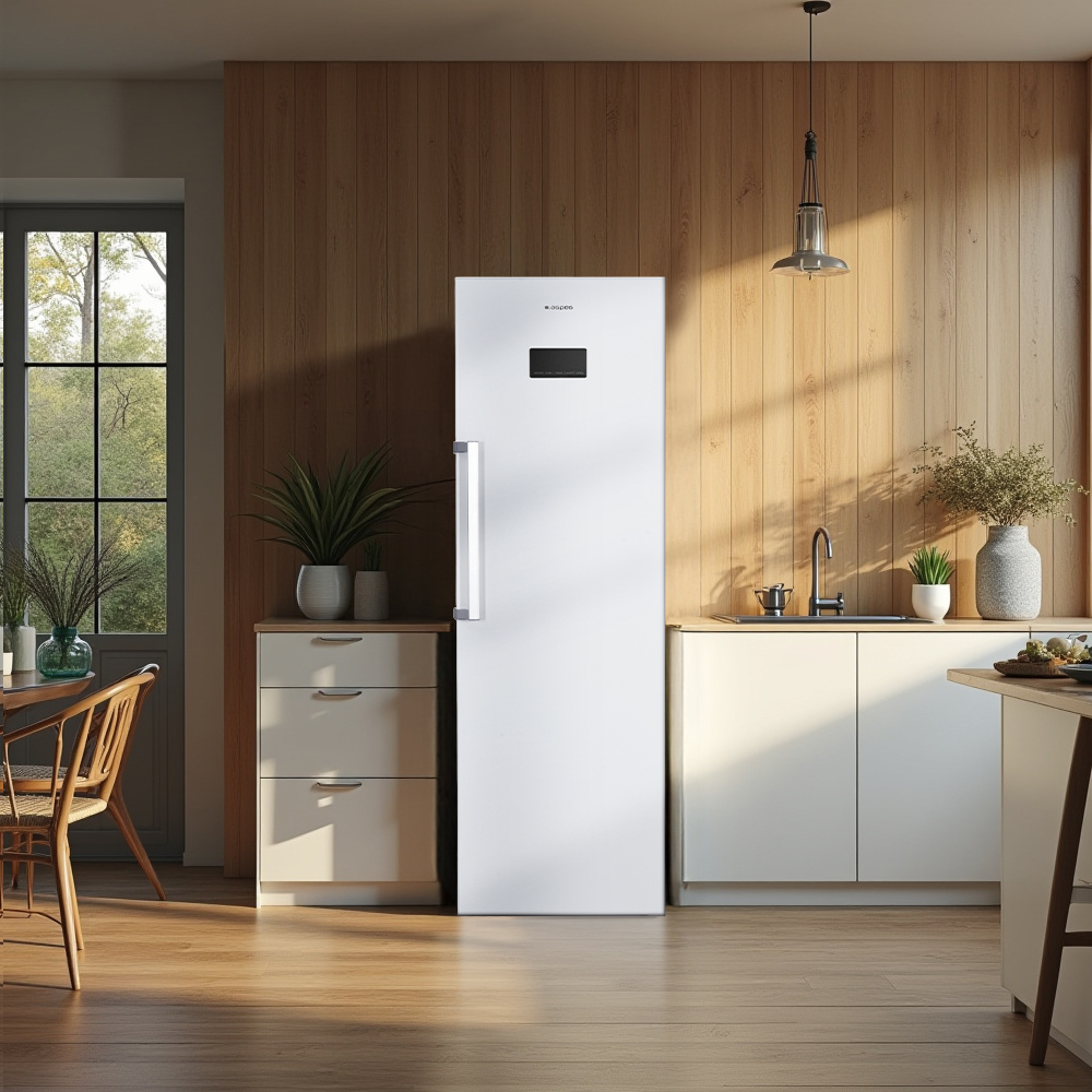Cocina moderna con frigorífico blanco, paredes de madera y mucha luz natural.