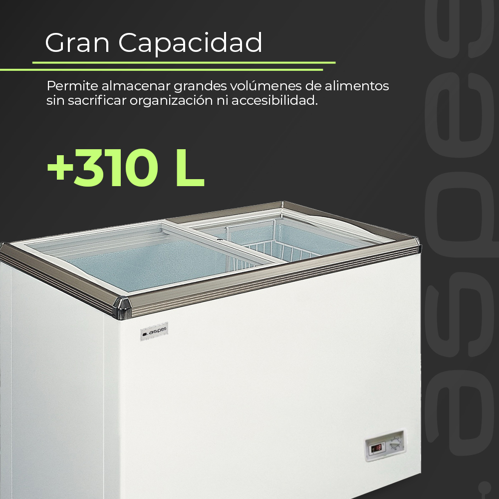 Arcón congelador blanco con tapa de cristal, capacidad 310 L.