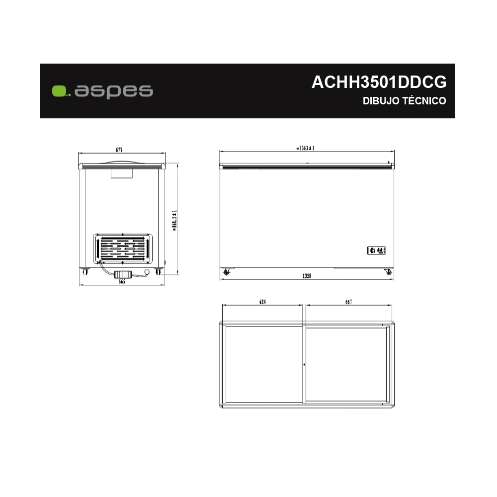 Dibujo técnico de un congelador con dimensiones.