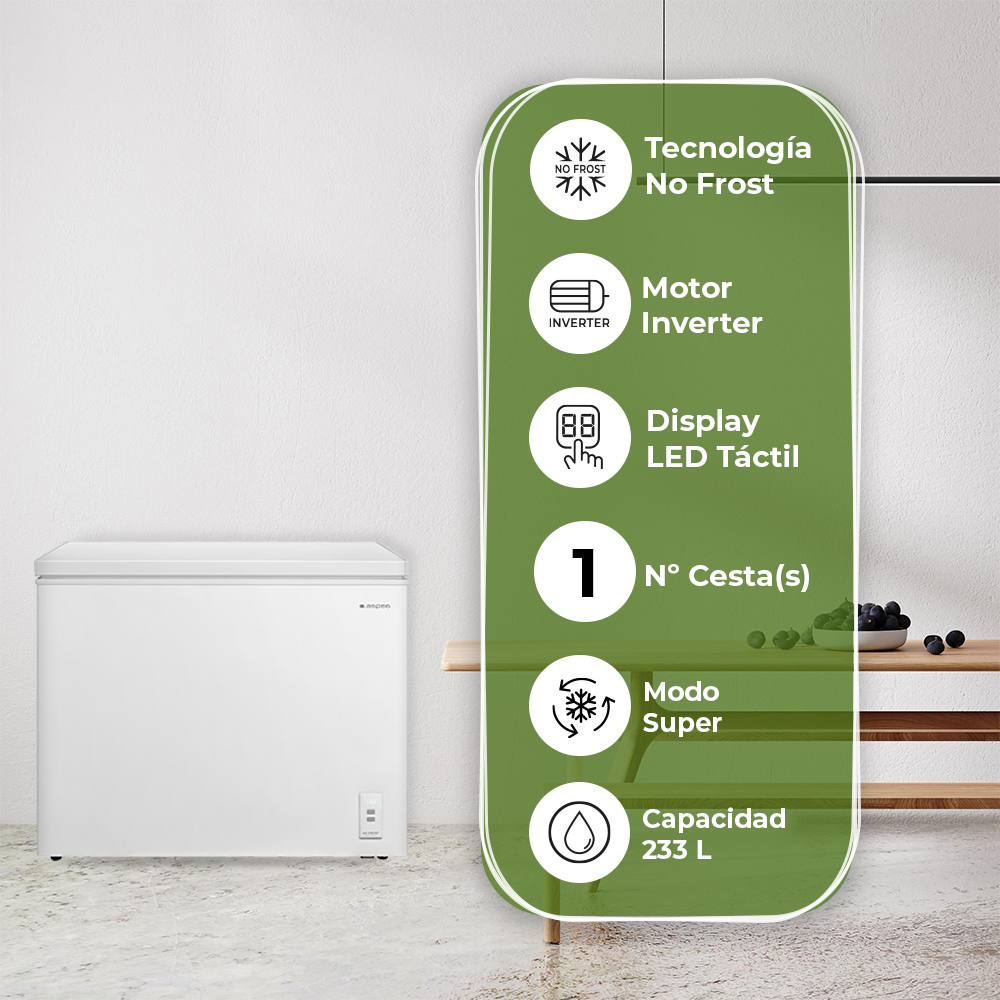 Un congelador horizontal blanco con tecnología No Frost, motor inverter y pantalla LED.