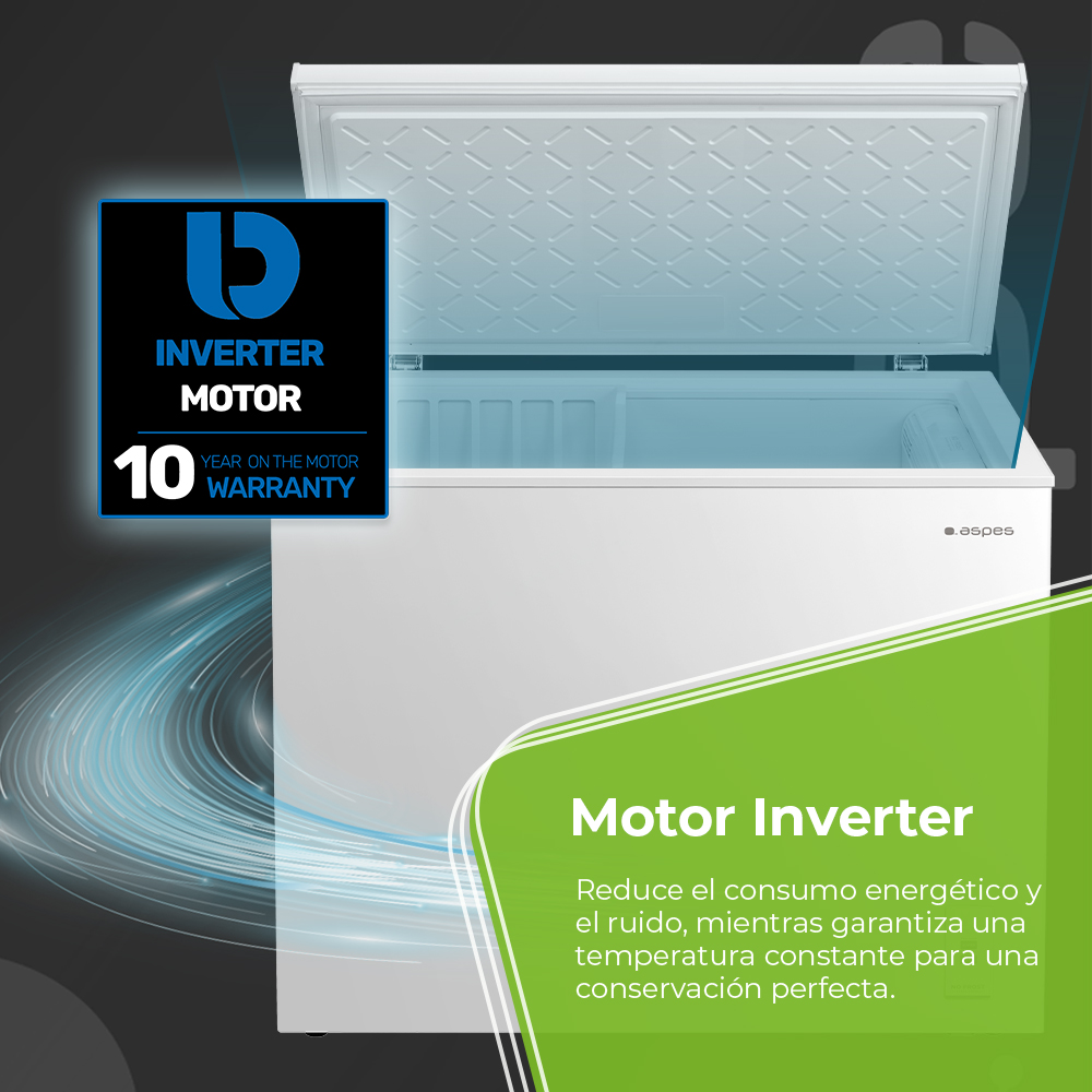 Un congelador horizontal blanco con la tapa abierta, "Motor Inverter 10 Años Garantía".