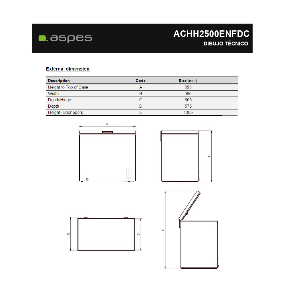 Dibujo técnico con dimensiones para un congelador horizontal.