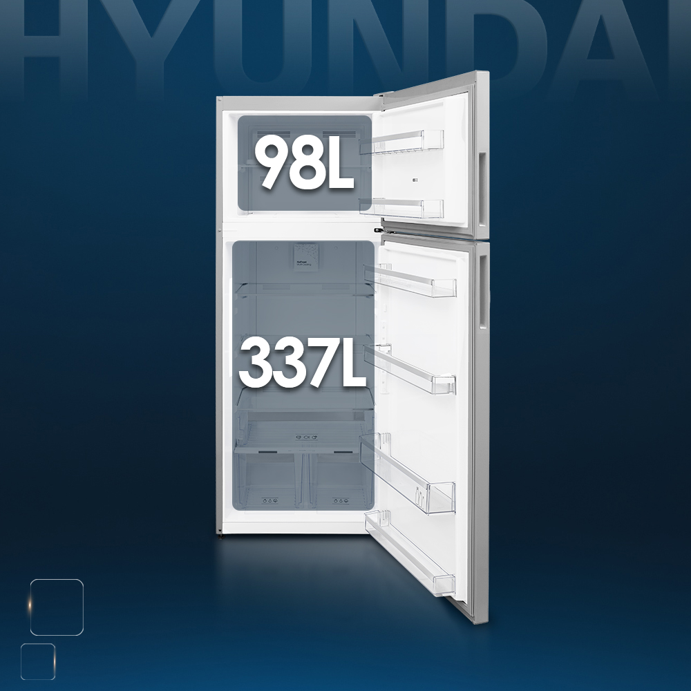 Refrigerador Hyundai abierto, con 98L de congelador y 337L de refrigerador.