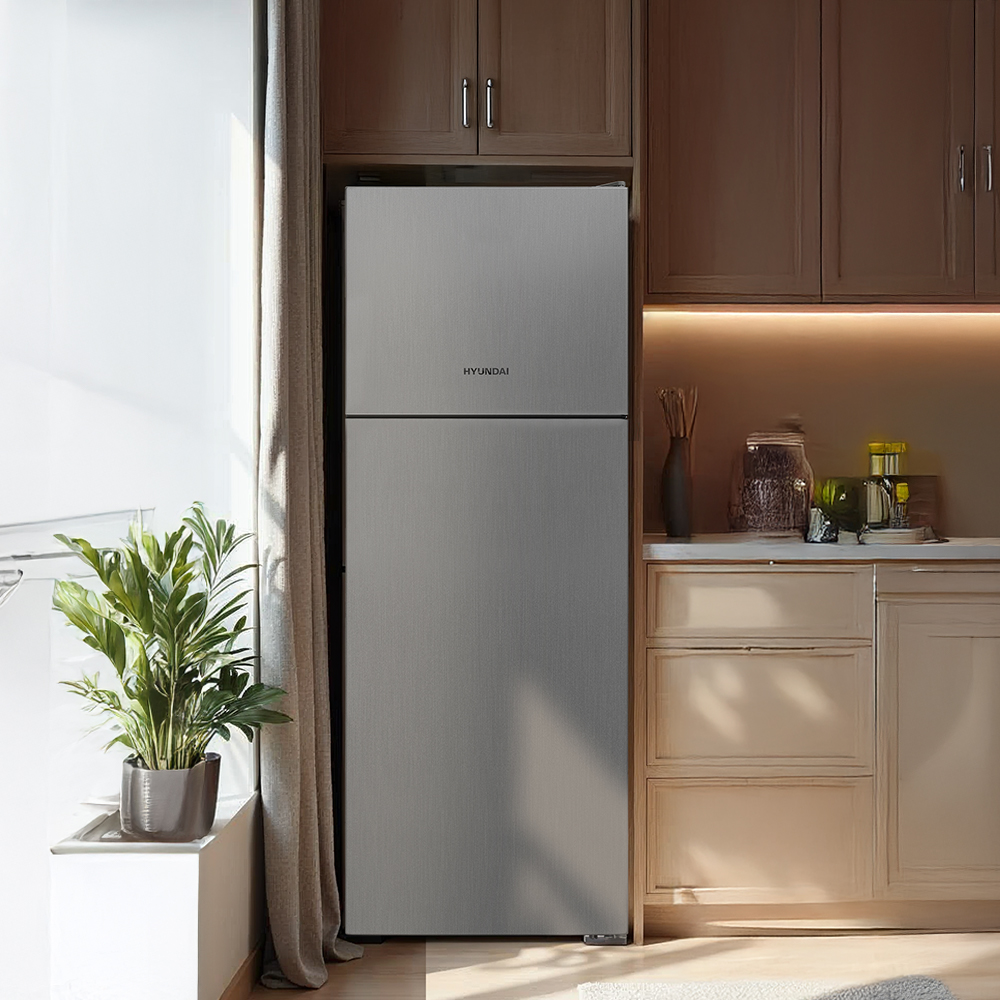 Un refrigerador plateado de dos puertas se encuentra en una cocina junto a una planta.