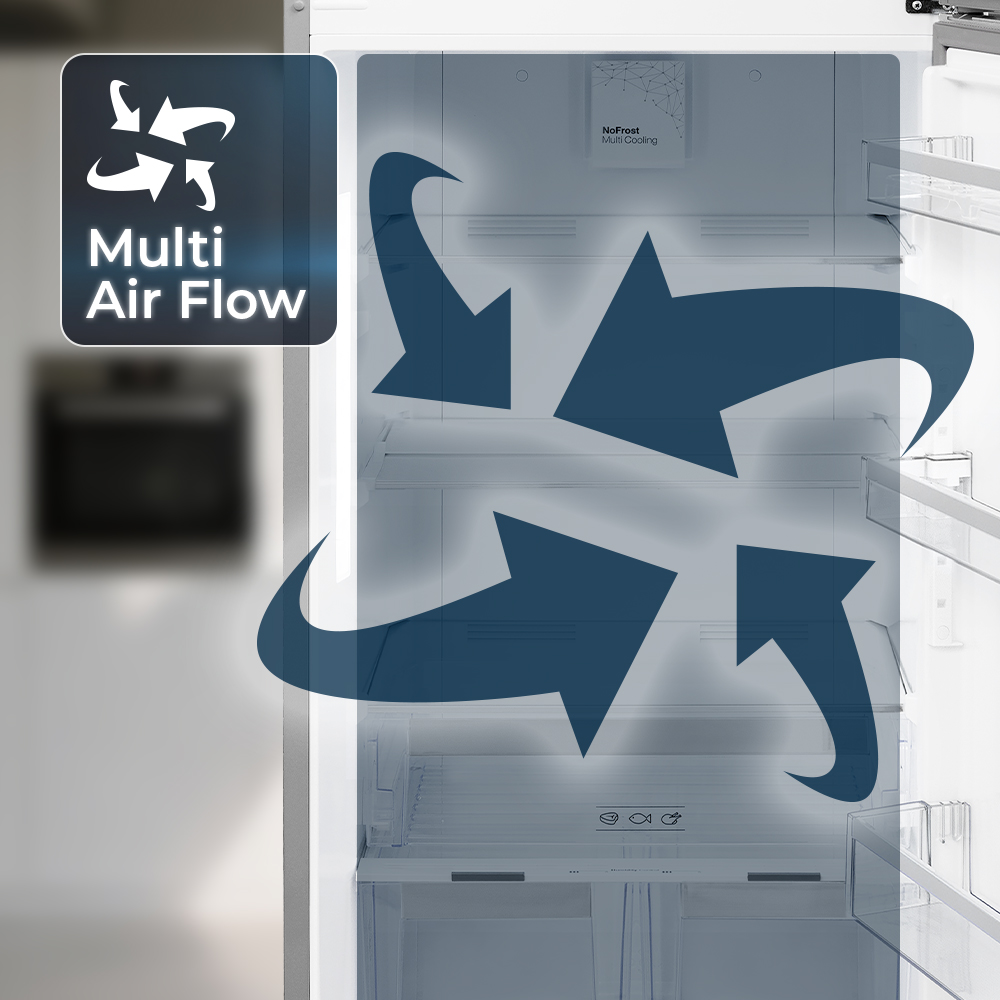 Interior de un refrigerador con flechas azules mostrando flujo de aire. Texto: Multi Air Flow.