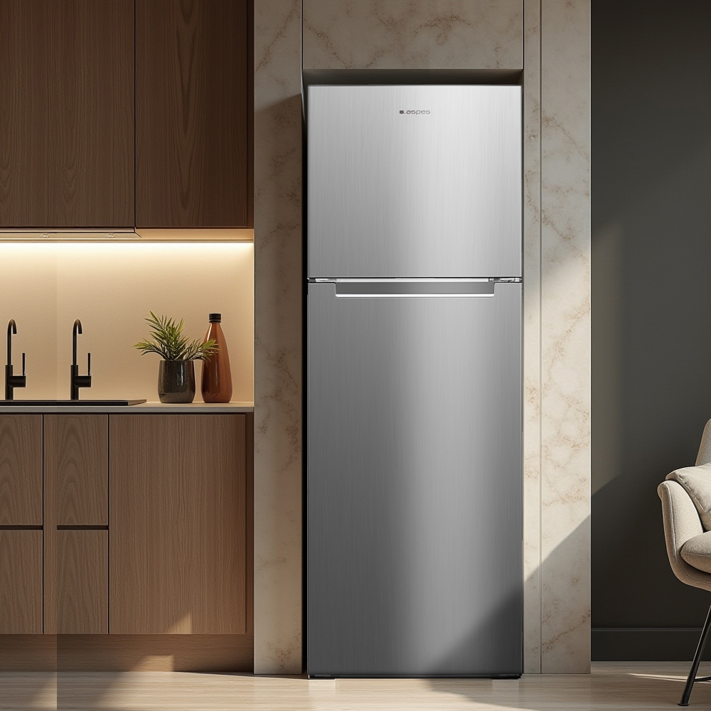 Un refrigerador plateado de dos puertas se encuentra en una cocina moderna junto a gabinetes de madera.