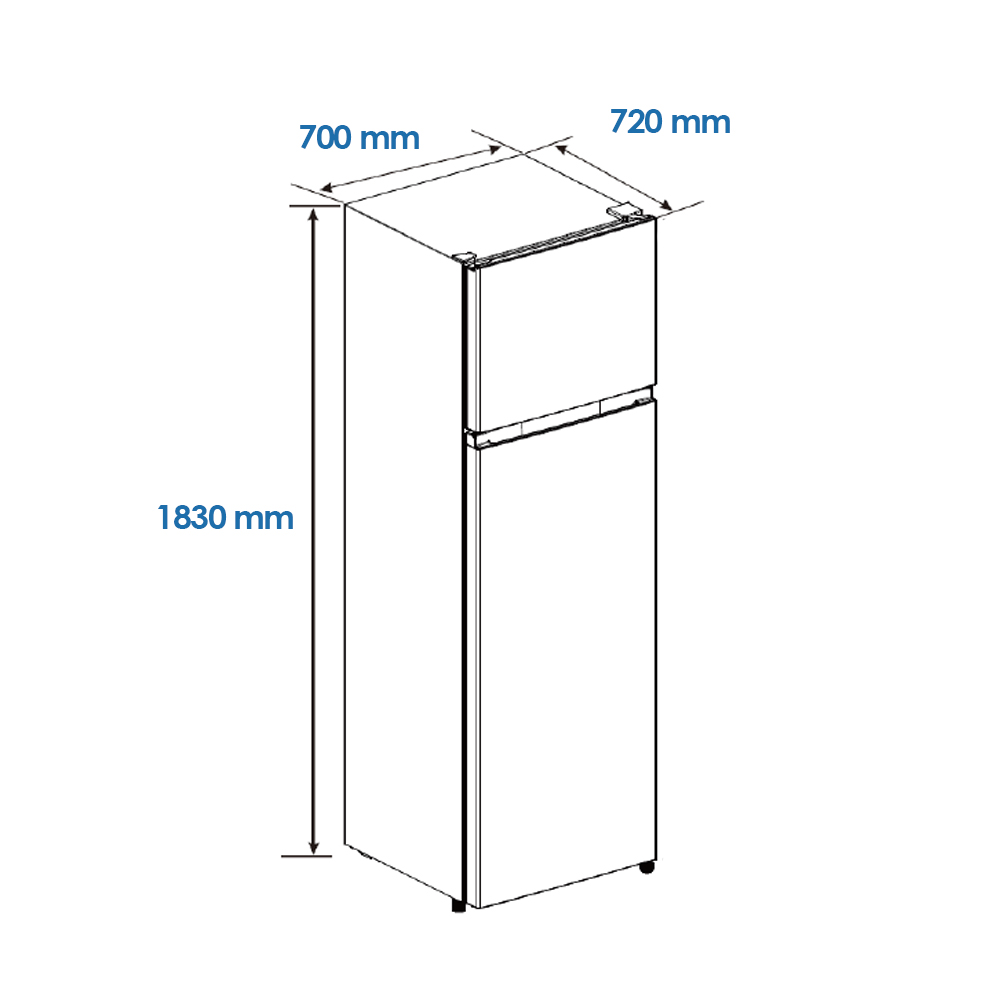 Se muestra un refrigerador de 1830x700x720 mm.