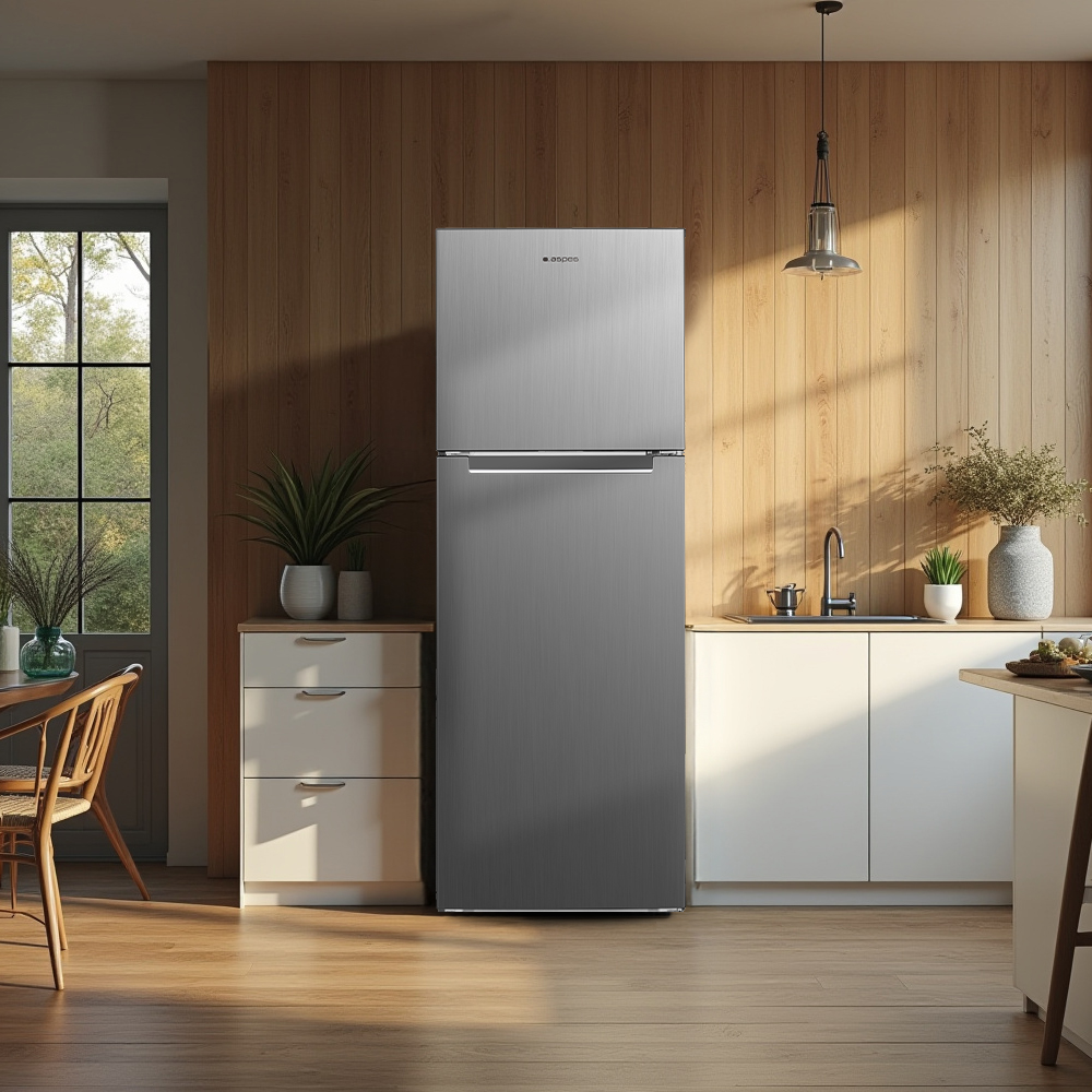 Un refrigerador plateado en una cocina moderna con paredes de madera y gabinetes blancos.