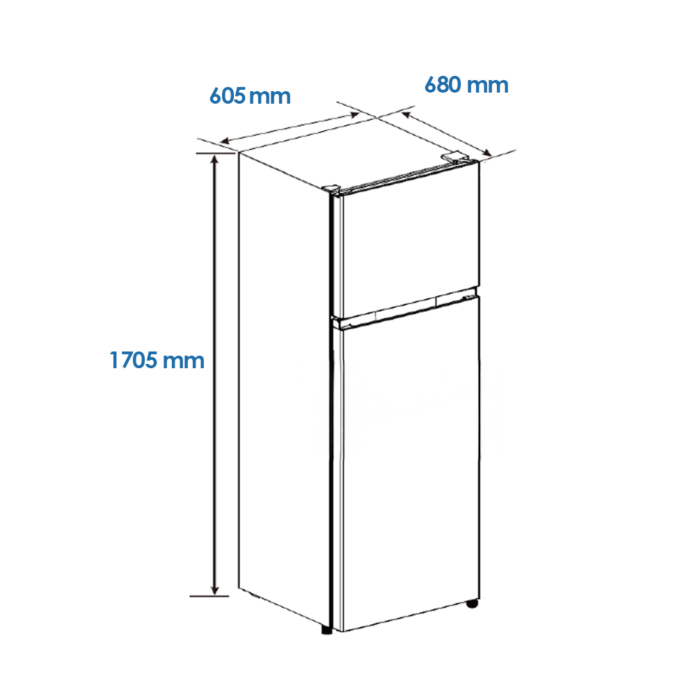 Dibujo lineal de un refrigerador con dimensiones: 1705 mm de alto, 605 mm de ancho, 680 mm de profundidad.