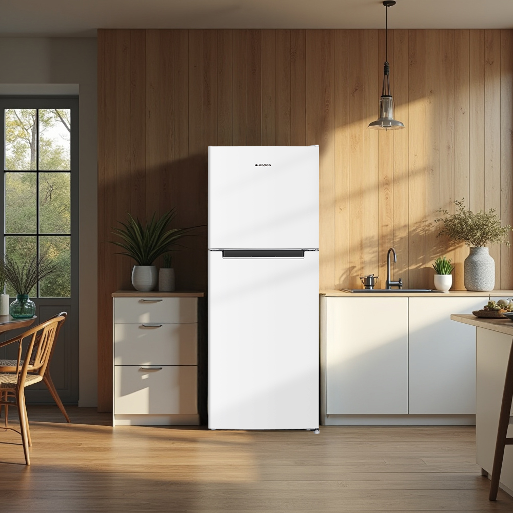 Un refrigerador blanco en una cocina moderna con paredes y suelo de madera.