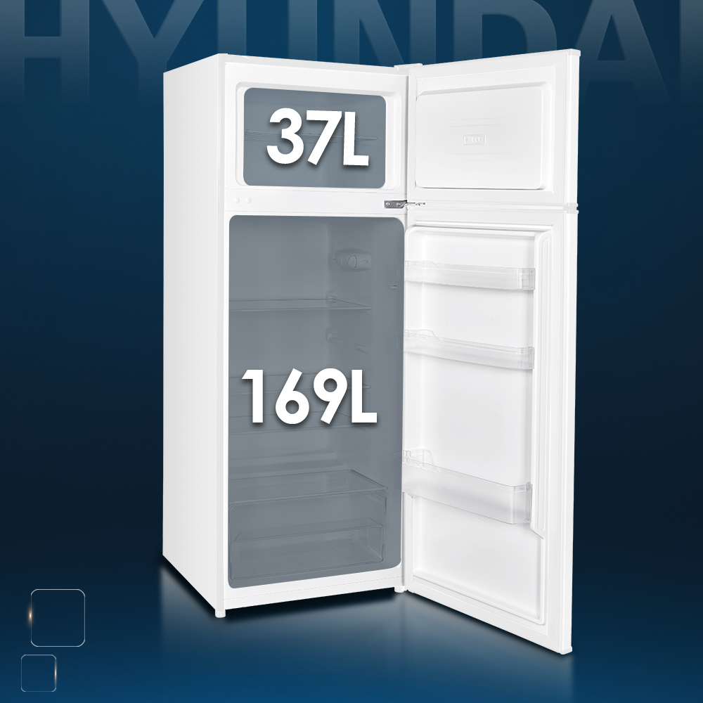 Refrigerador blanco con puerta abierta. Congelador de 37L, sección de refrigerador de 169L.