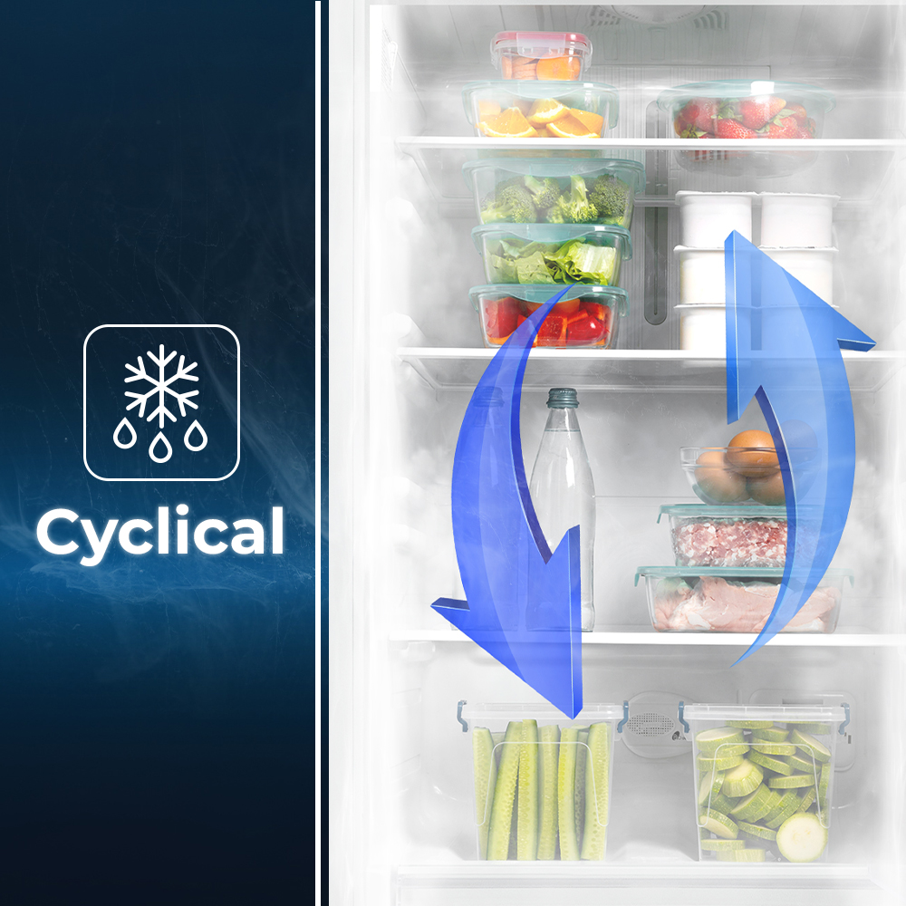 Interior de refrigerador con alimentos en recipientes y flechas azules indicando flujo de aire.