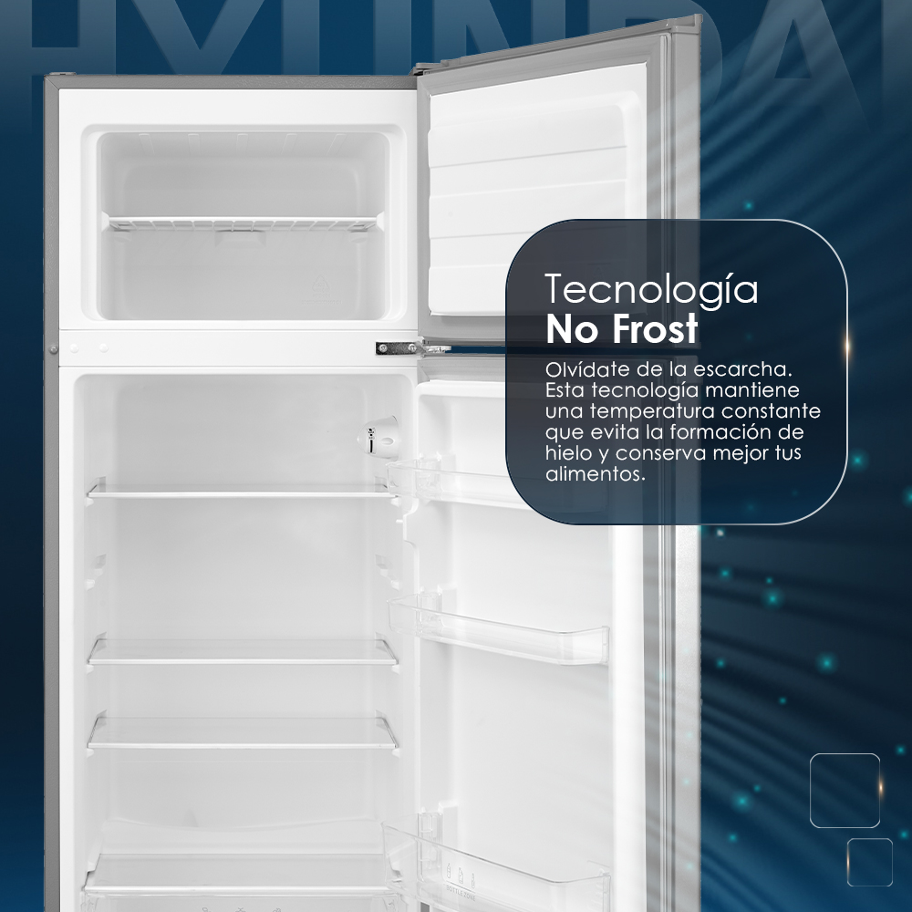 Un refrigerador abierto con varios estantes y texto sobre tecnología No Frost.