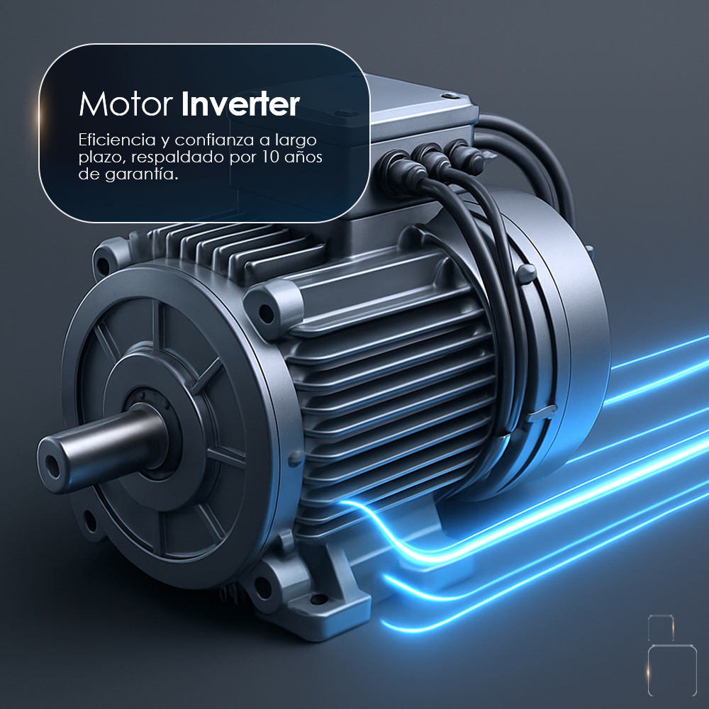 Motor eléctrico gris con rayas de luz azul. Texto: Motor Inverter.