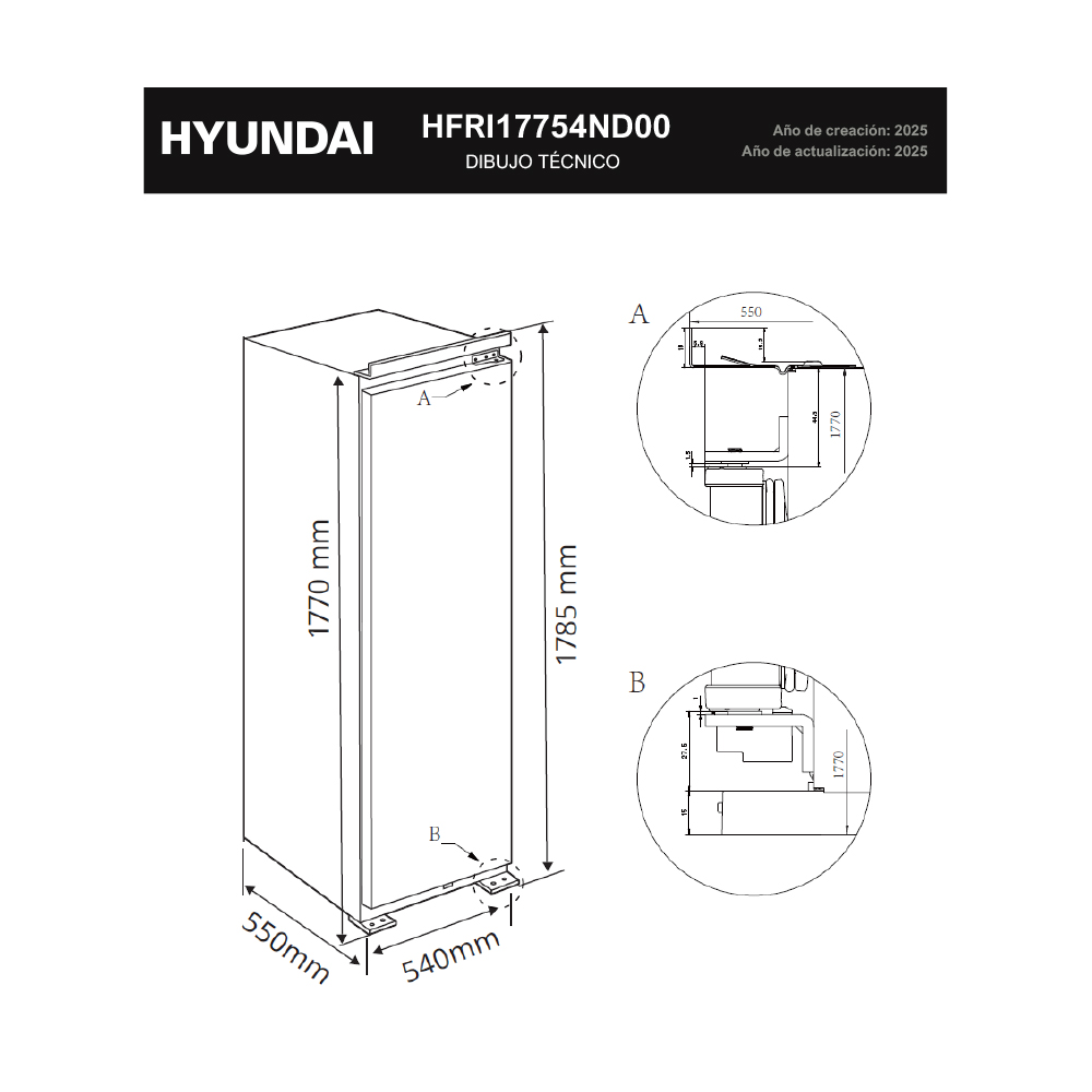 Dibujo técnico de un refrigerador Hyundai, mostrando dimensiones y detalles.