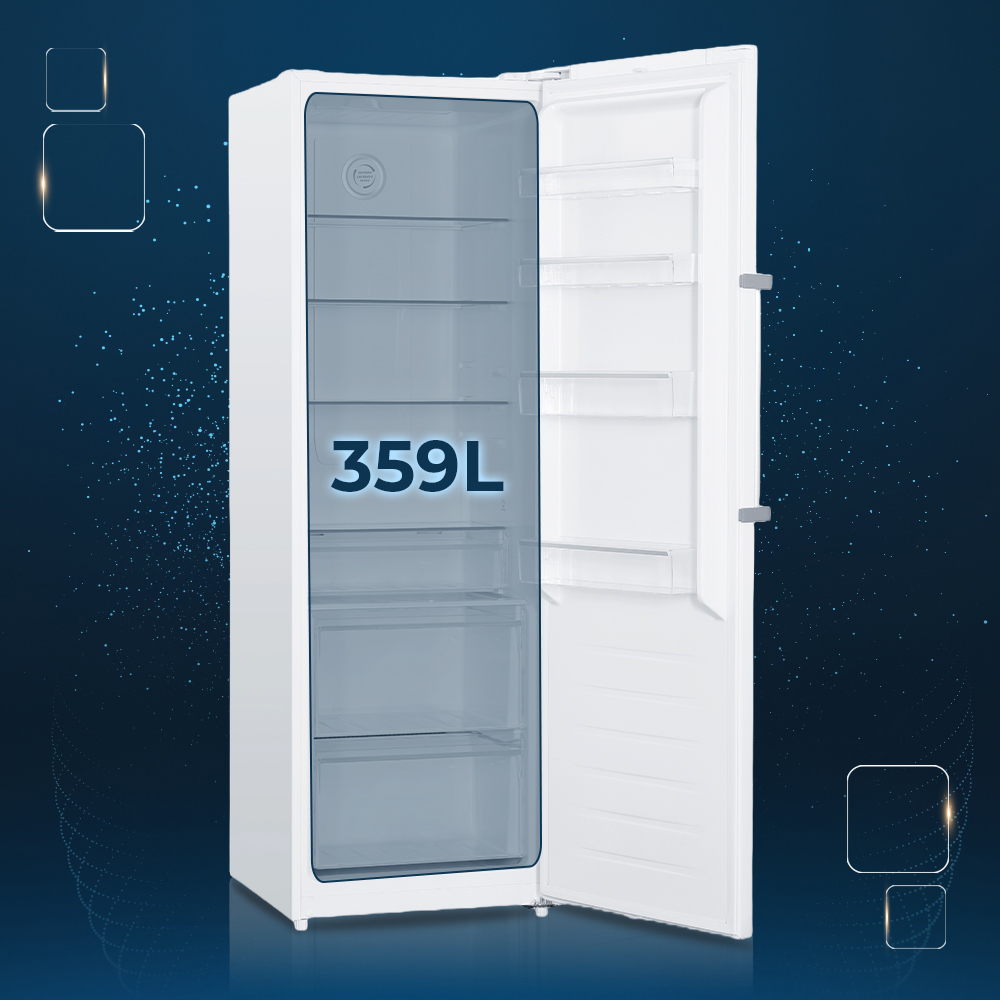 Refrigerador blanco abierto con capacidad de 359L y estantes.