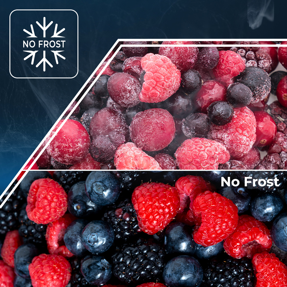 Bayas congeladas, arriba escarchadas, abajo frescas. Símbolo "No Frost".