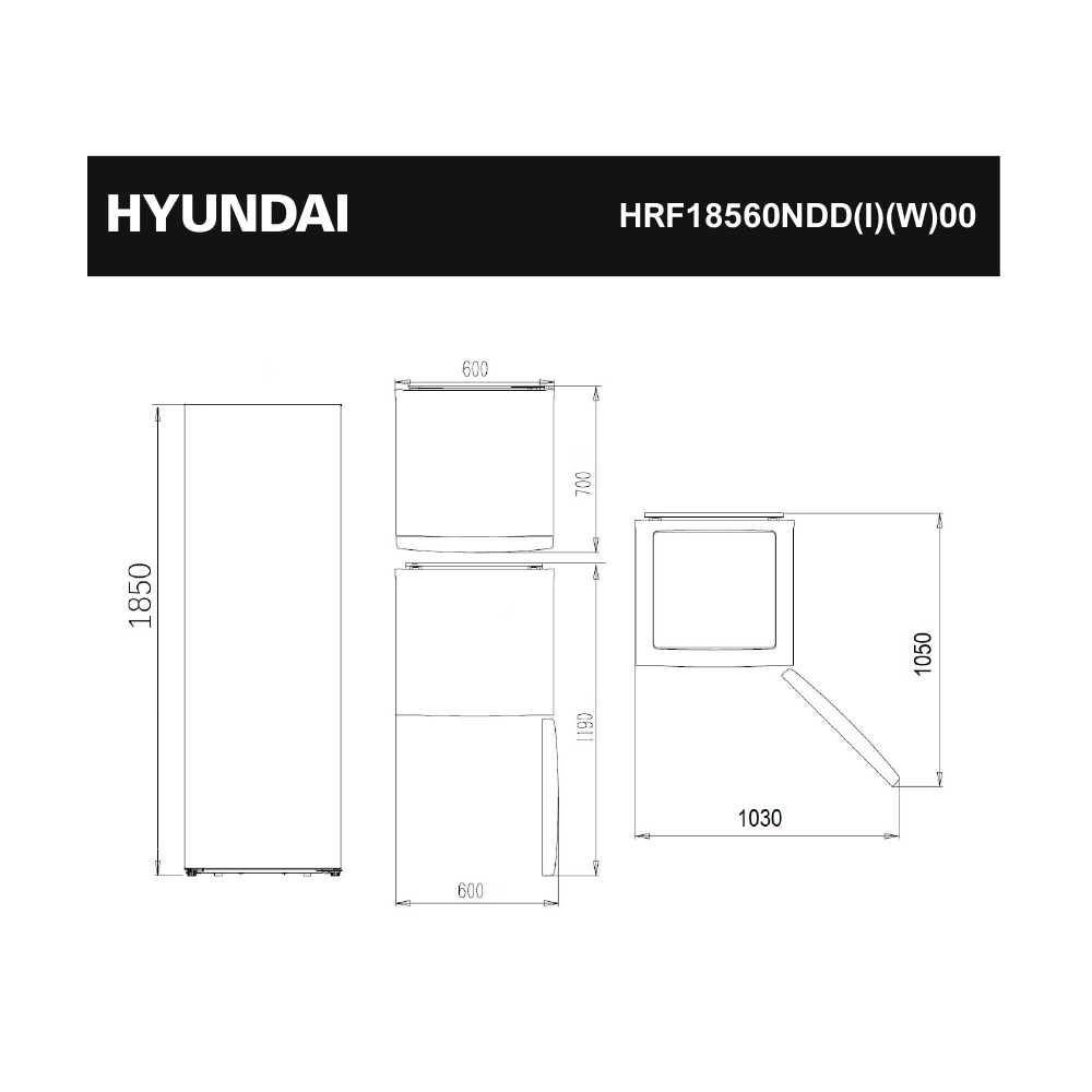 Dibujo técnico de un Hyundai HRF18560NDD(I)(W)00 con dimensiones.