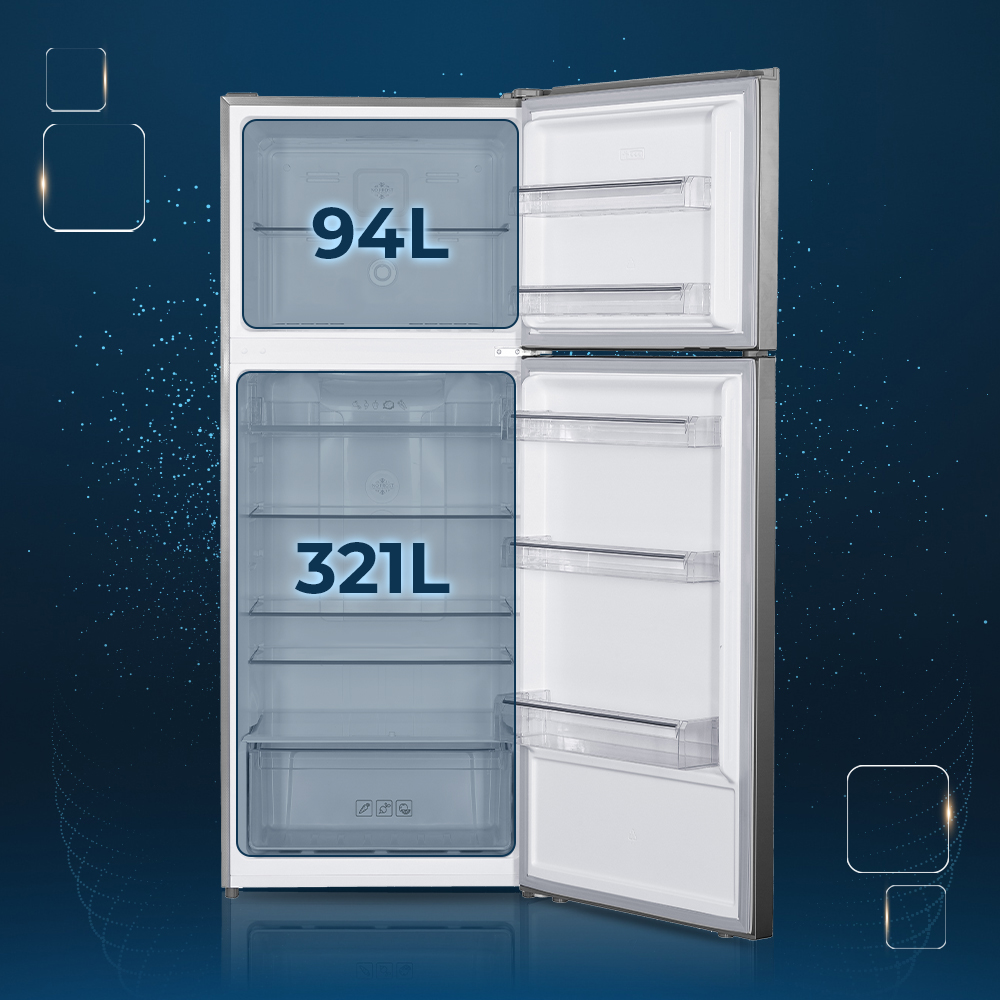 Un refrigerador abierto que muestra un congelador de 94L y un compartimento de 321L.