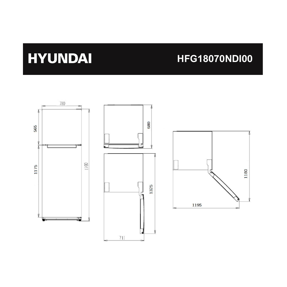 Dibujo técnico de un refrigerador Hyundai con dimensiones.