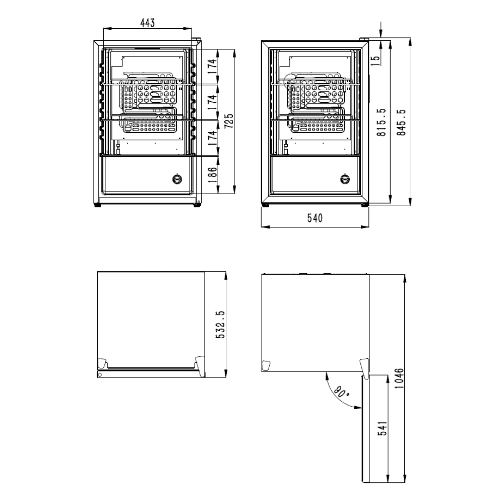 Dibujo técnico de una estufa con dimensiones en mm.