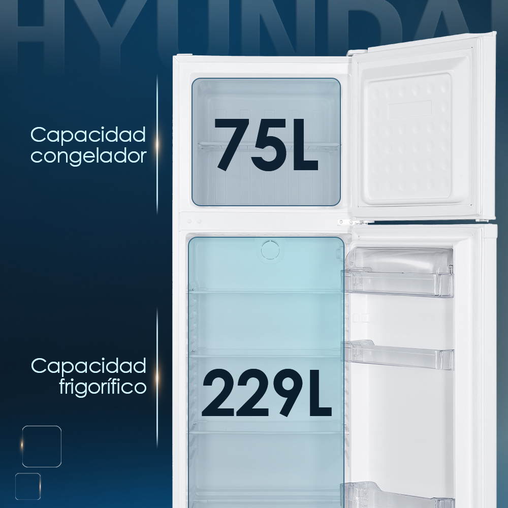 Frigor4fico blanco con congelador de 75L y nevera de 229L.