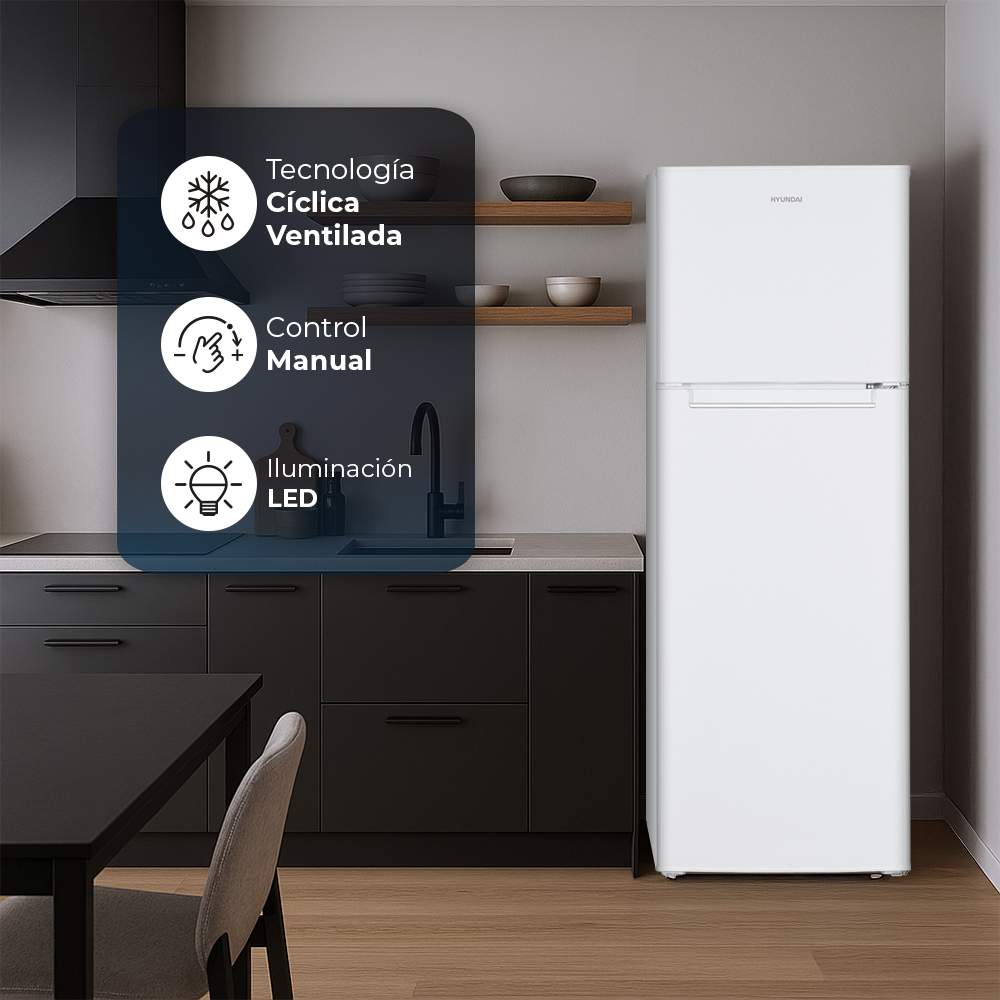Un refrigerador Hyundai blanco en una cocina moderna con gabinetes negros.