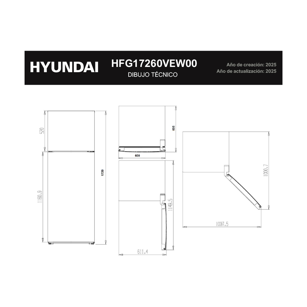 Dibujo técnico de un refrigerador Hyundai, modelo HFG17260VEW00, con dimensiones.