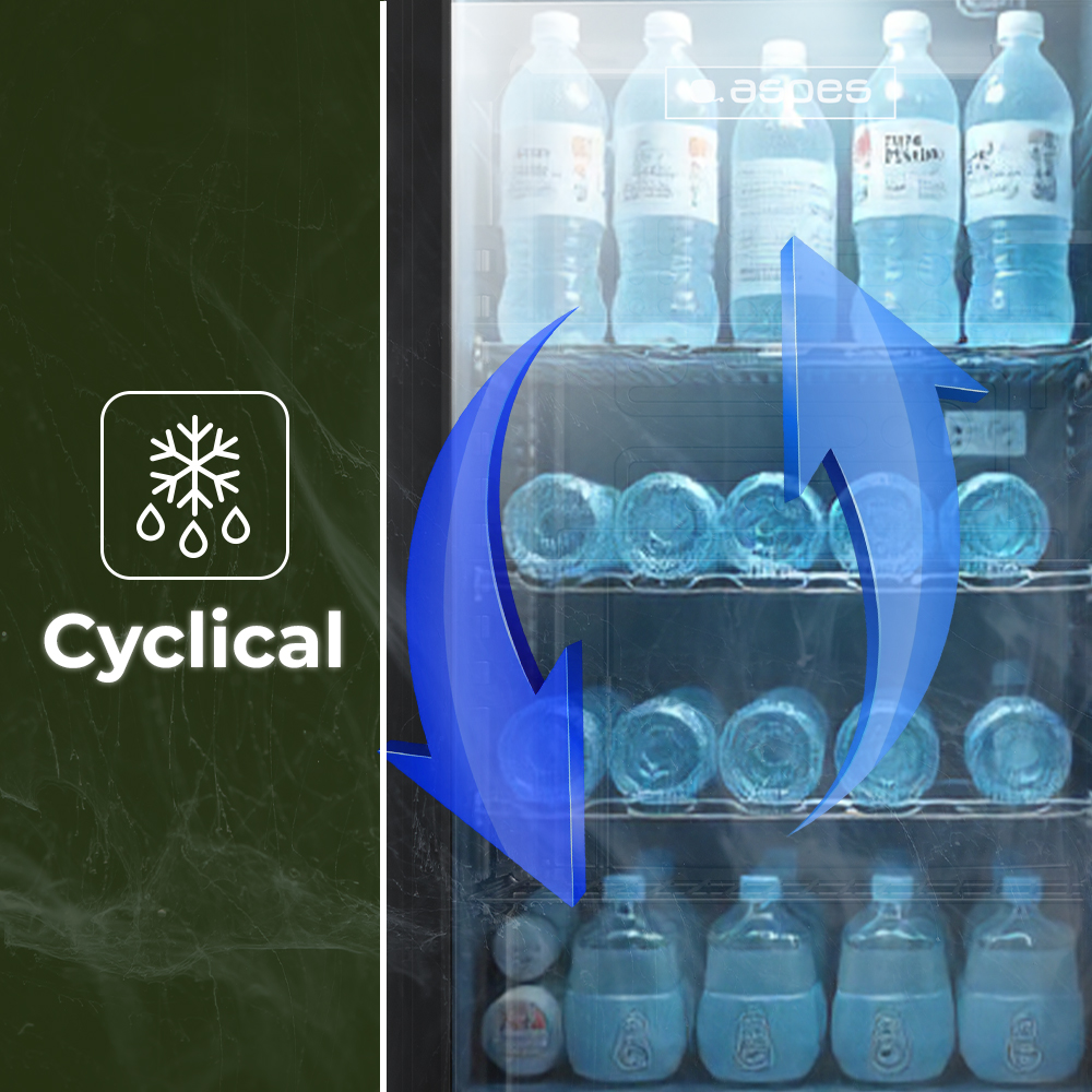 Nevera con botellas de agua y un símbolo de flecha circular azul.