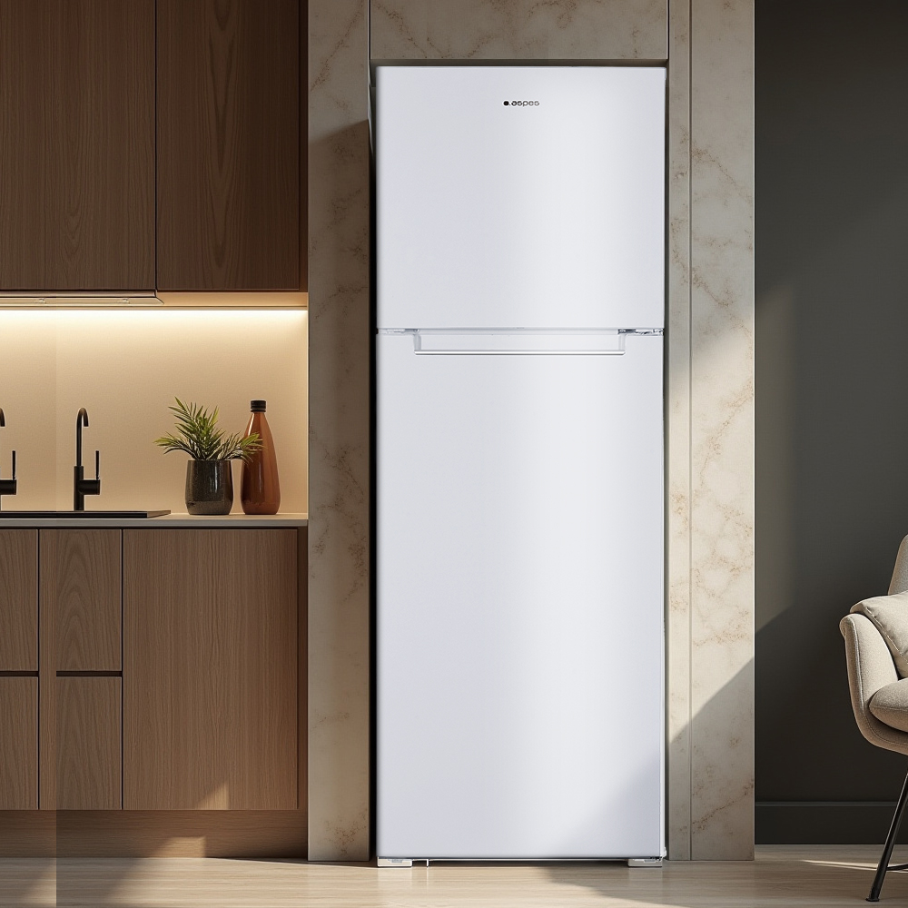Un refrigerador blanco de dos puertas se encuentra en una cocina moderna junto a gabinetes de madera.