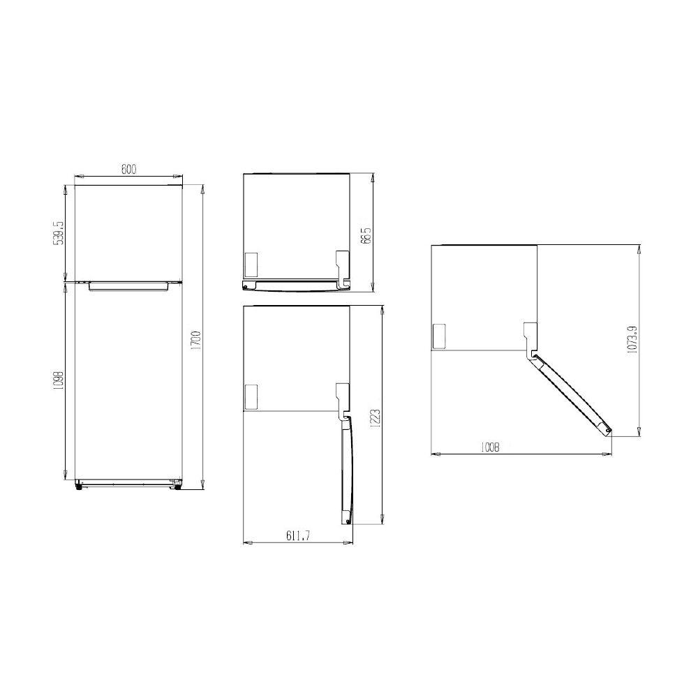 Dibujo técnico de un refrigerador con dimensiones. Se muestran vistas lateral, frontal y superior.
