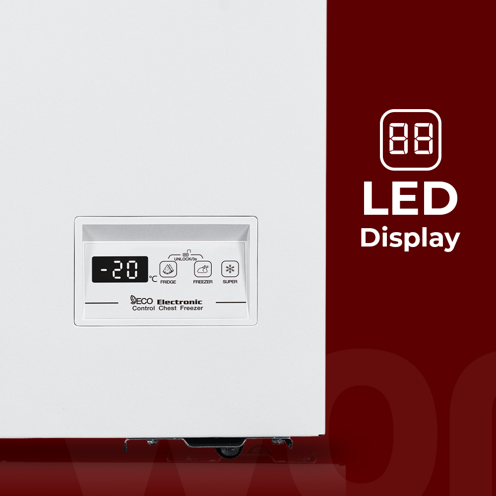 Un congelador horizontal blanco con pantalla LED que muestra -20 °C y botones.