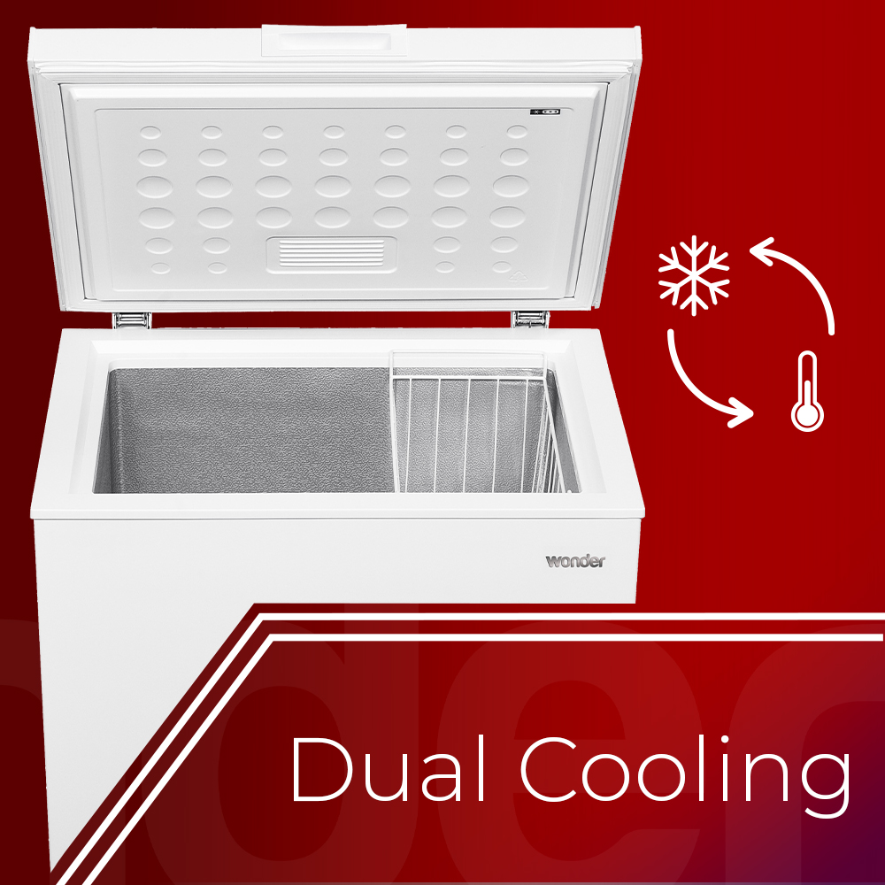 Un congelador horizontal blanco abierto con texto 'Dual Cooling' e iconos de frío y calor.