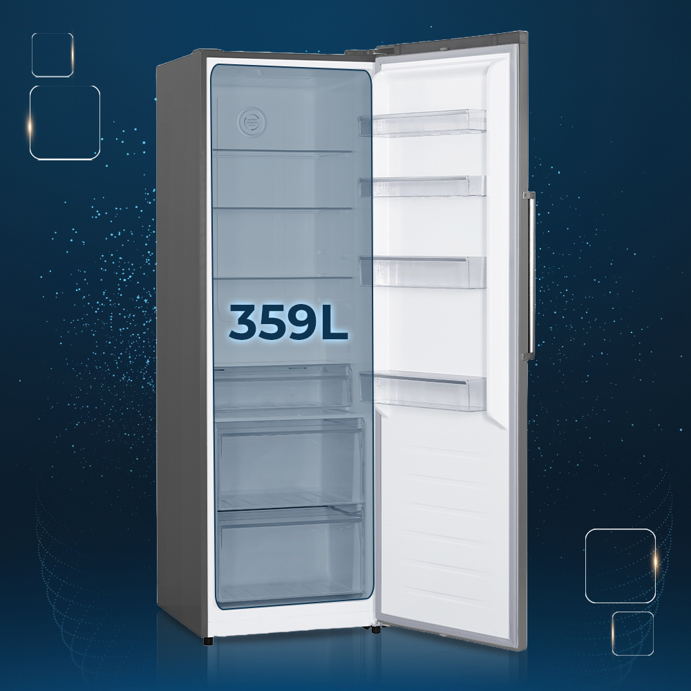 Un refrigerador abierto con capacidad de 359L y estantes de vidrio.