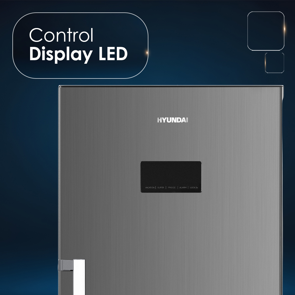 Refrigerador Hyundai gris con panel de control digital. Texto: Control Display LED.
