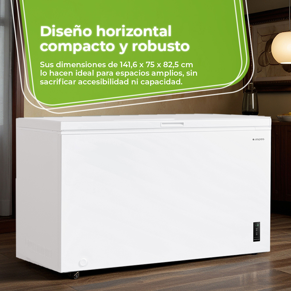 Un congelador horizontal blanco con pantalla digital y ruedas. Texto superpuesto describe su diseño compacto y robusto.