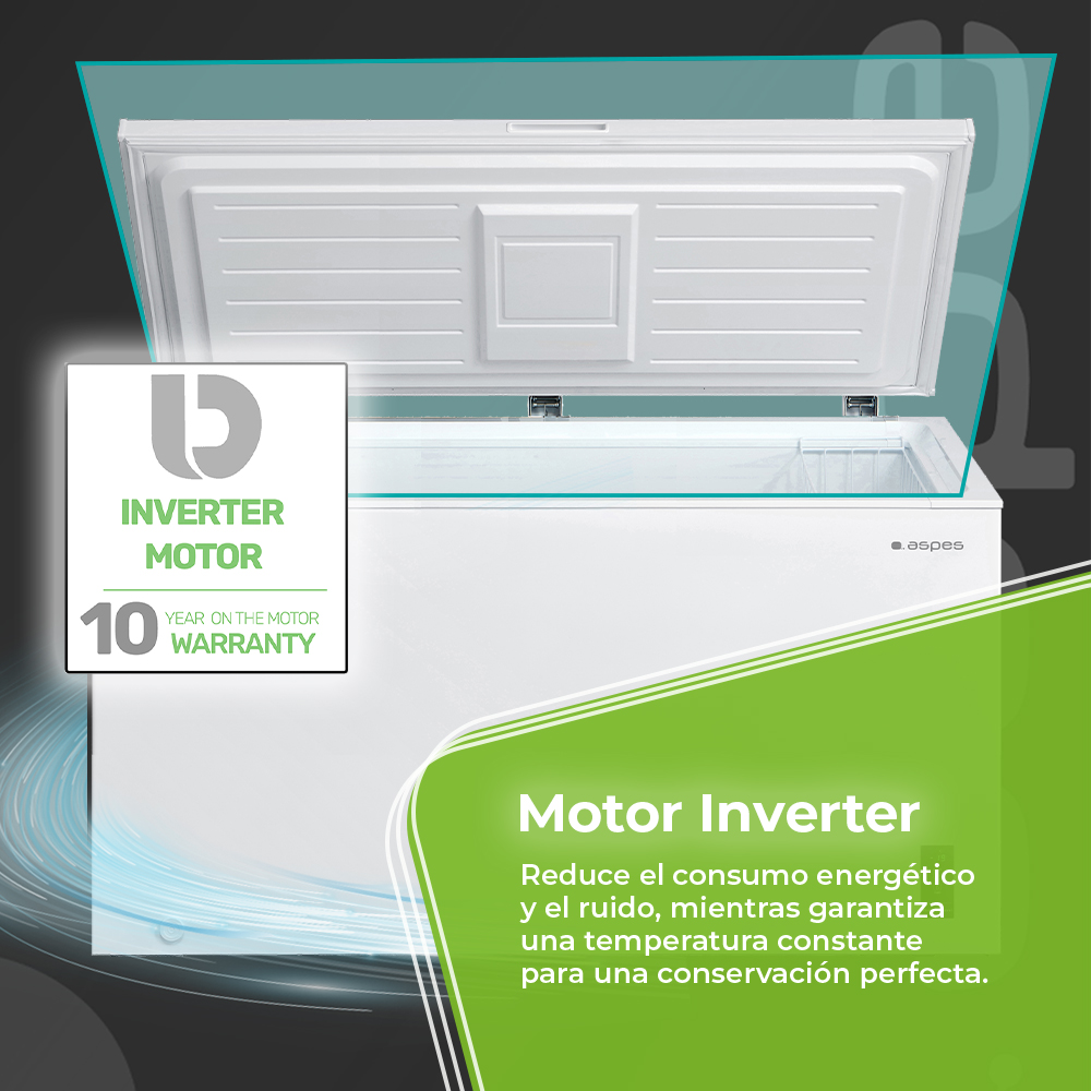 Congelador horizontal blanco con tapa abierta. Texto destaca motor inverter con 10 años de garantía.