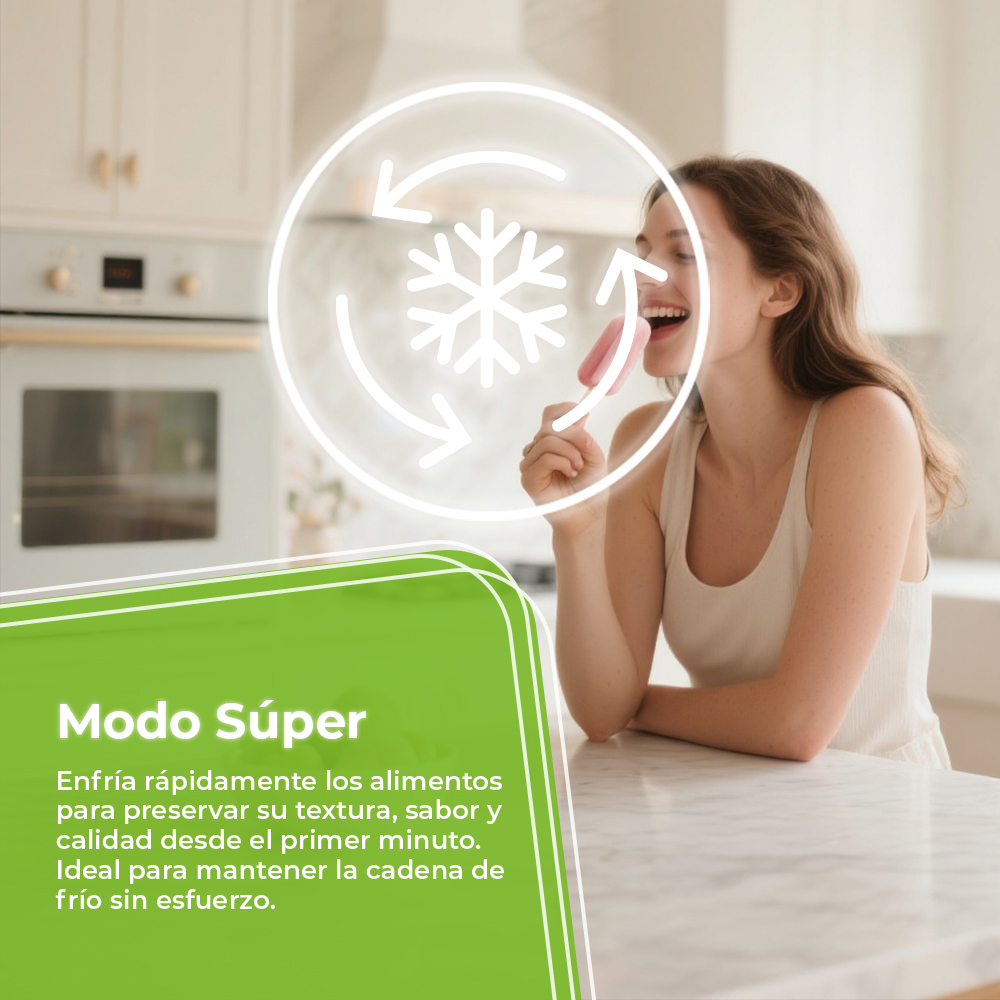 Mujer comiendo helado en cocina con icono y texto de súper congelación.