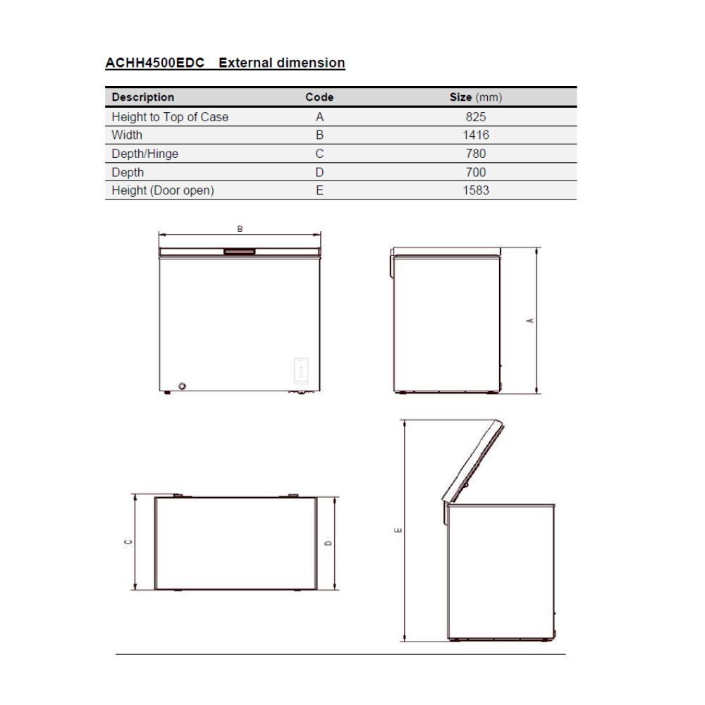 Dibujo técnico de un congelador horizontal con dimensiones A, B, C, D, E.