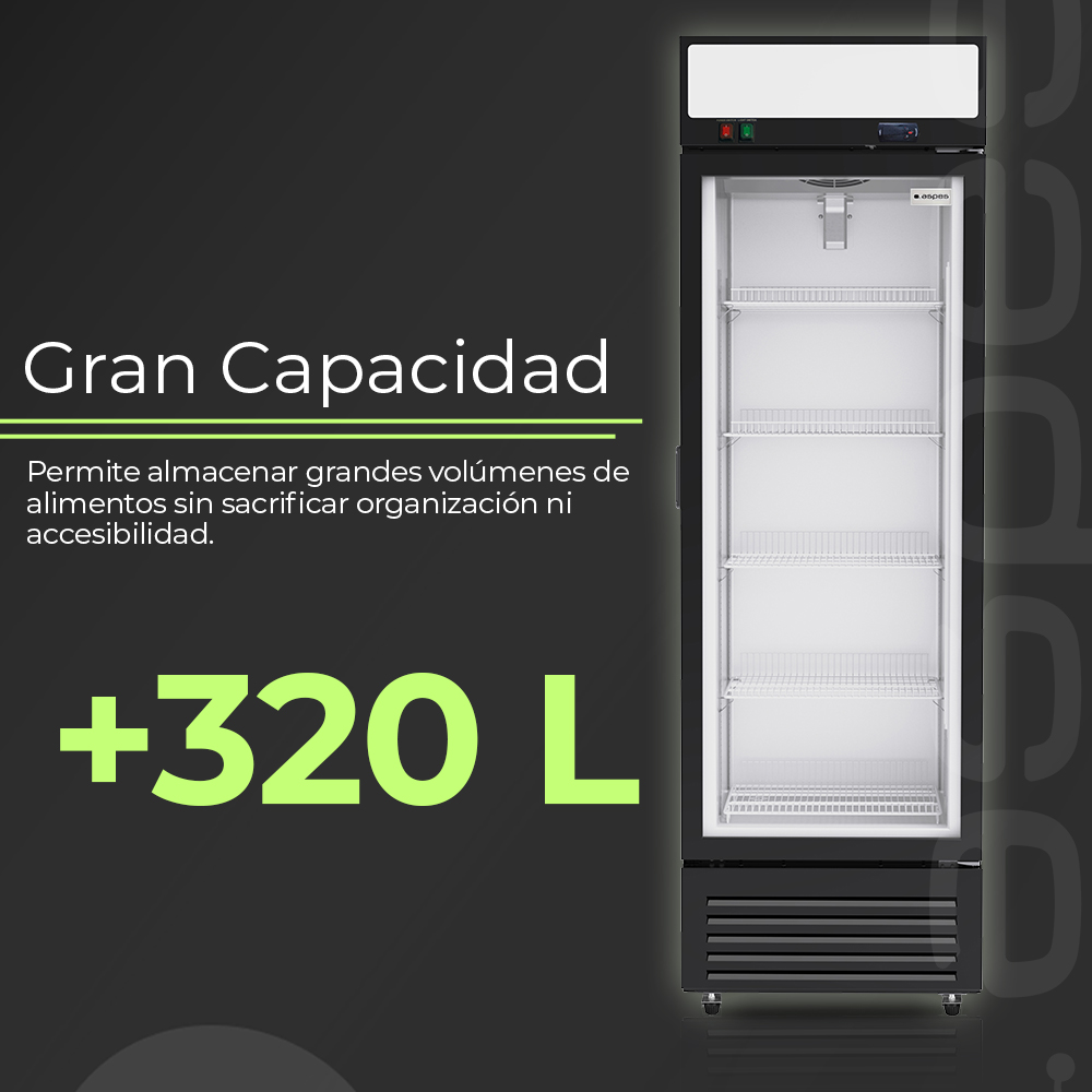Un refrigerador negro de gran capacidad, 320 L.